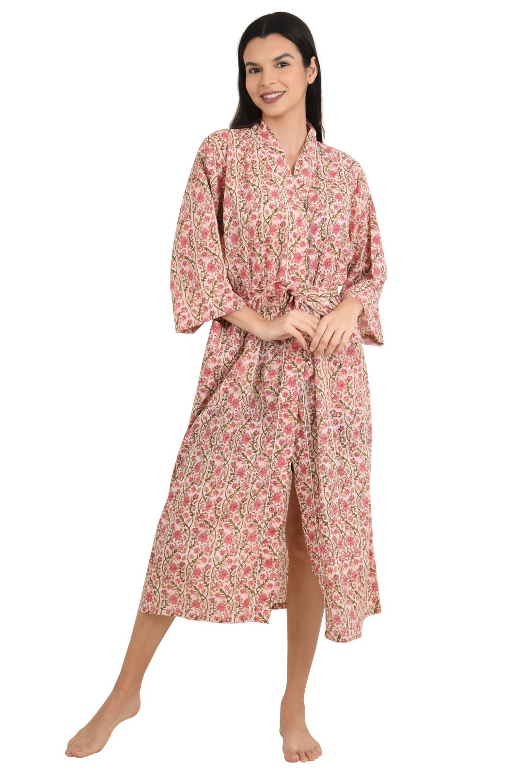 Boho Cotton Kimono House Robe Indian Handprinted Floral Print Pattern | Lightweight Summer Luxury Beach Holidays Yacht Cover Up Stunning Dress