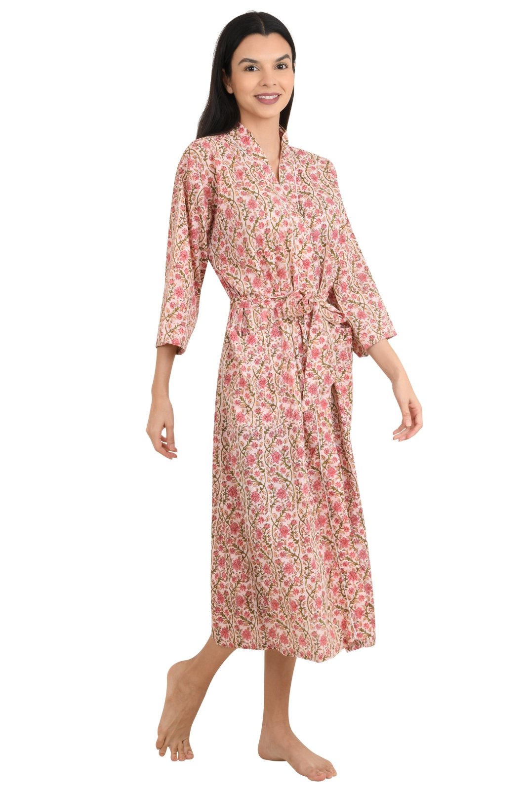 Boho Cotton Kimono House Robe Indian Handprinted Floral Print Pattern | Lightweight Summer Luxury Beach Holidays Yacht Cover Up Stunning Dress