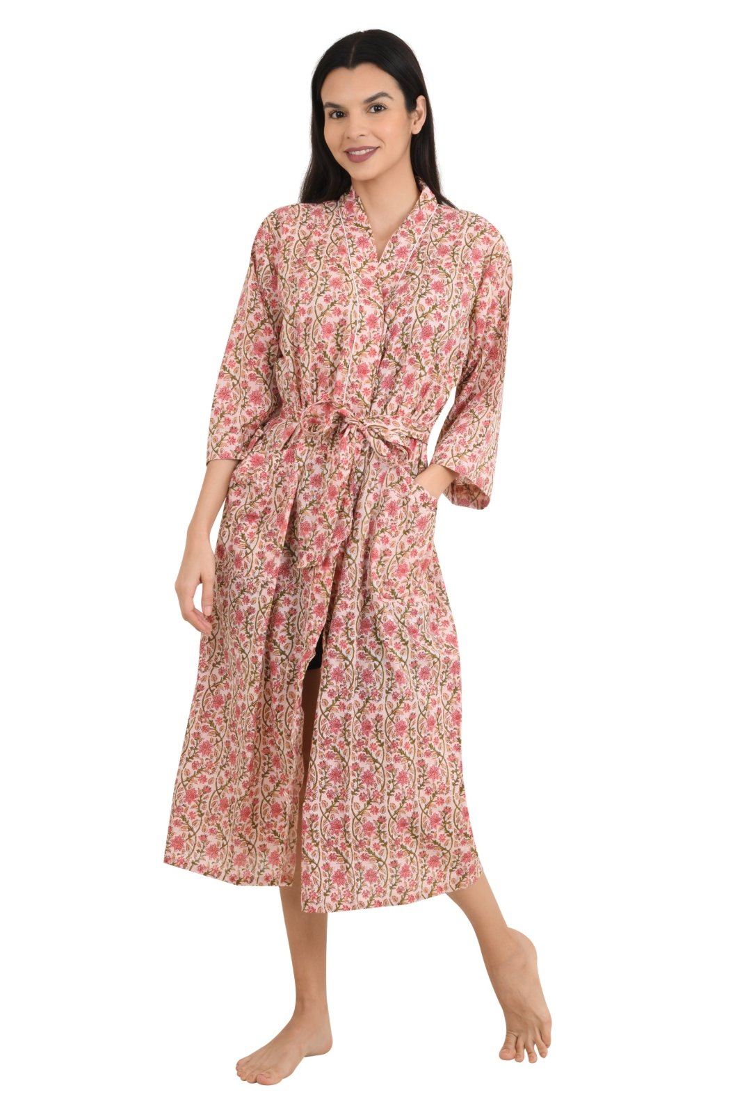 Boho Cotton Kimono House Robe Indian Handprinted Floral Print Pattern | Lightweight Summer Luxury Beach Holidays Yacht Cover Up Stunning Dress