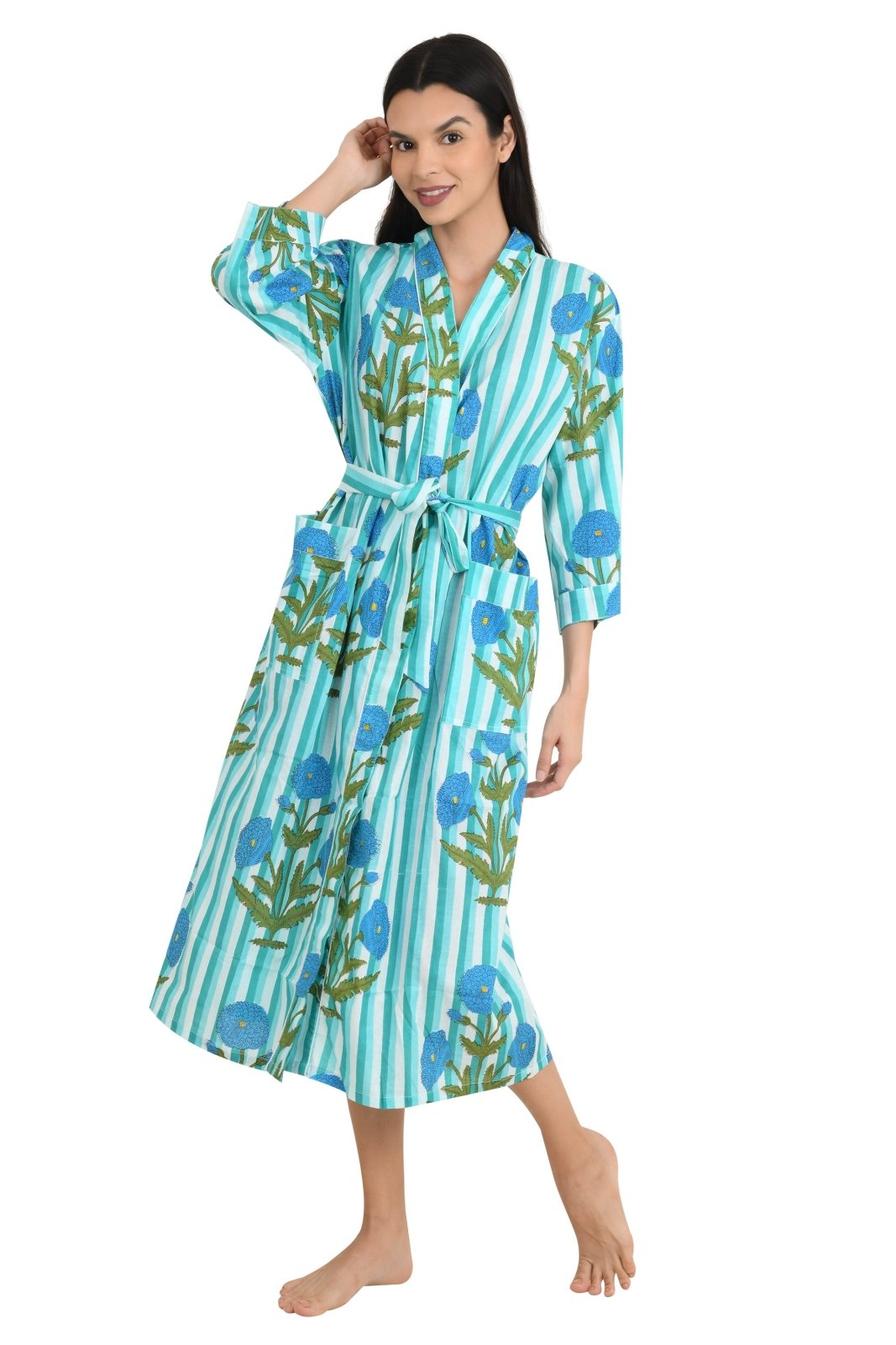 Boho Cotton Kimono House Robe Indian Handprinted Floral Print Pattern | Lightweight Summer Luxury Beach Holidays Yacht Cover Up Stunning Dress