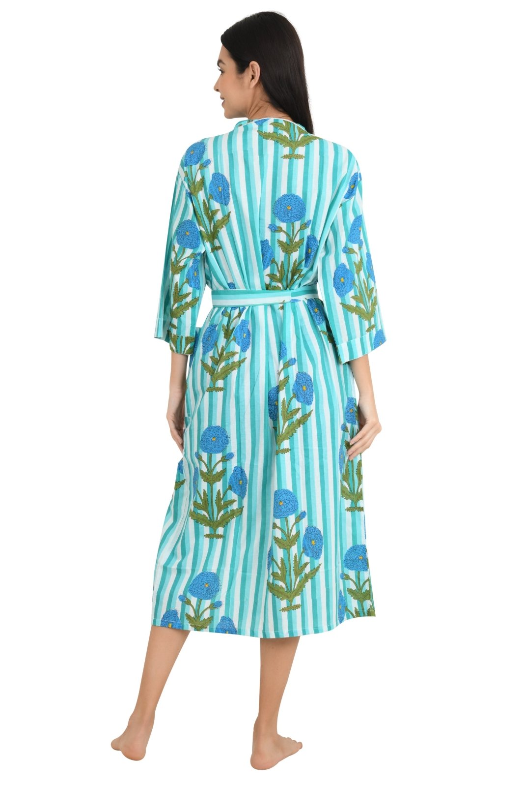 Boho Cotton Kimono House Robe Indian Handprinted Floral Print Pattern | Lightweight Summer Luxury Beach Holidays Yacht Cover Up Stunning Dress