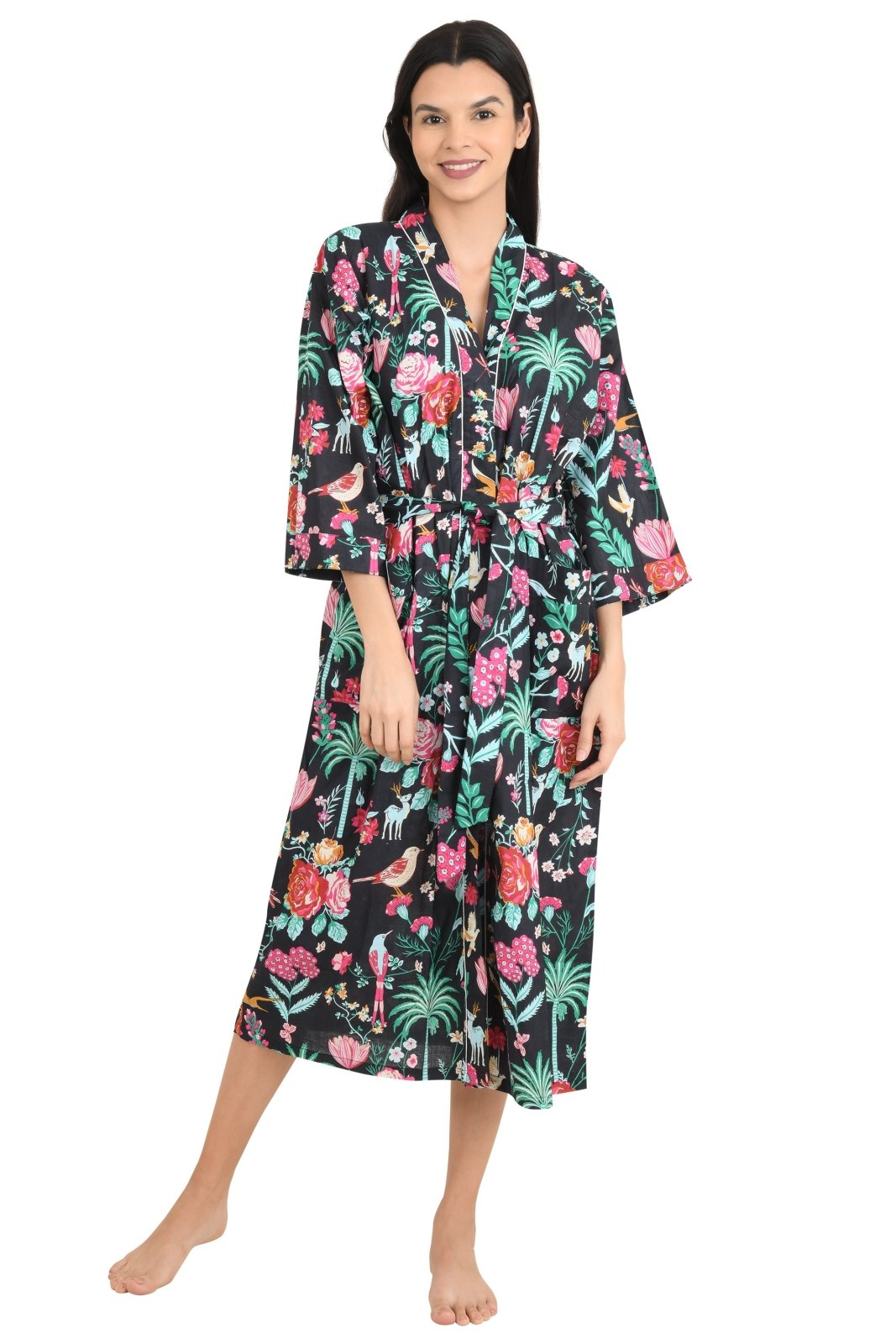 Boho Cotton Kimono House Robe Indian Handprinted Floral Print Pattern | Lightweight Summer Luxury Beach Holidays Yacht Cover Up Stunning Dress