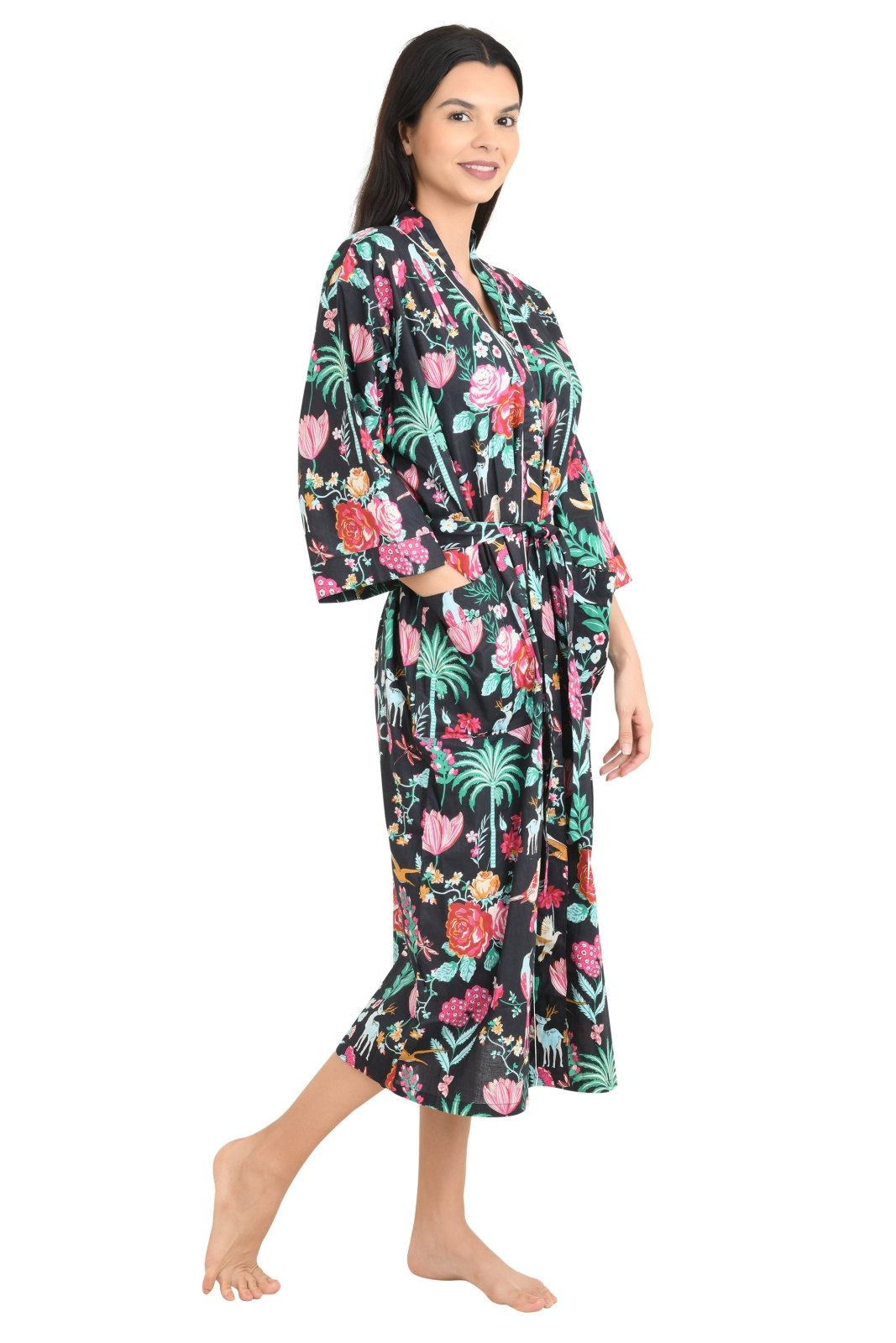 Boho Cotton Kimono House Robe Indian Handprinted Floral Print Pattern | Lightweight Summer Luxury Beach Holidays Yacht Cover Up Stunning Dress