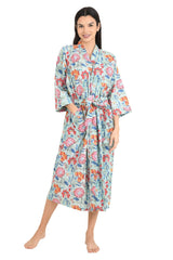 Boho Cotton Kimono House Robe Indian Handprinted Floral Print Pattern | Lightweight Summer Luxury Beach Holidays Yacht Cover Up Stunning Dress
