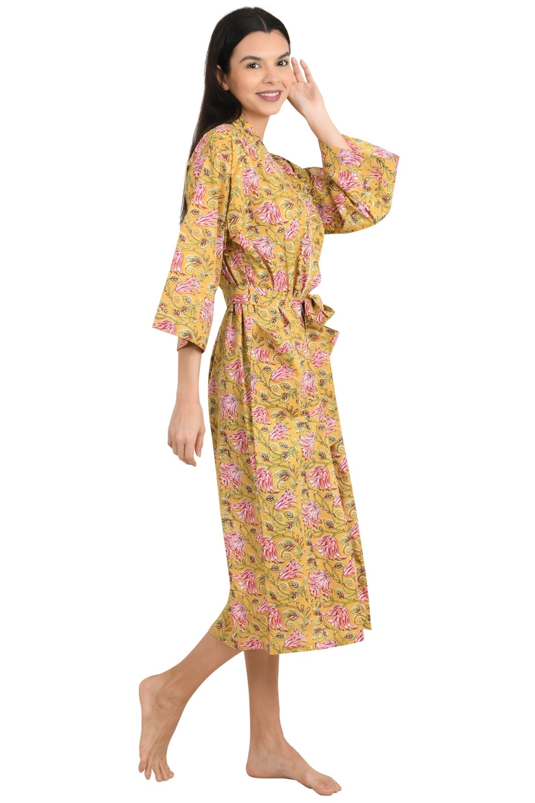 Boho Cotton Kimono House Robe Indian Handprinted Floral Print Pattern | Lightweight Summer Luxury Beach Holidays Yacht Cover Up Stunning Dress