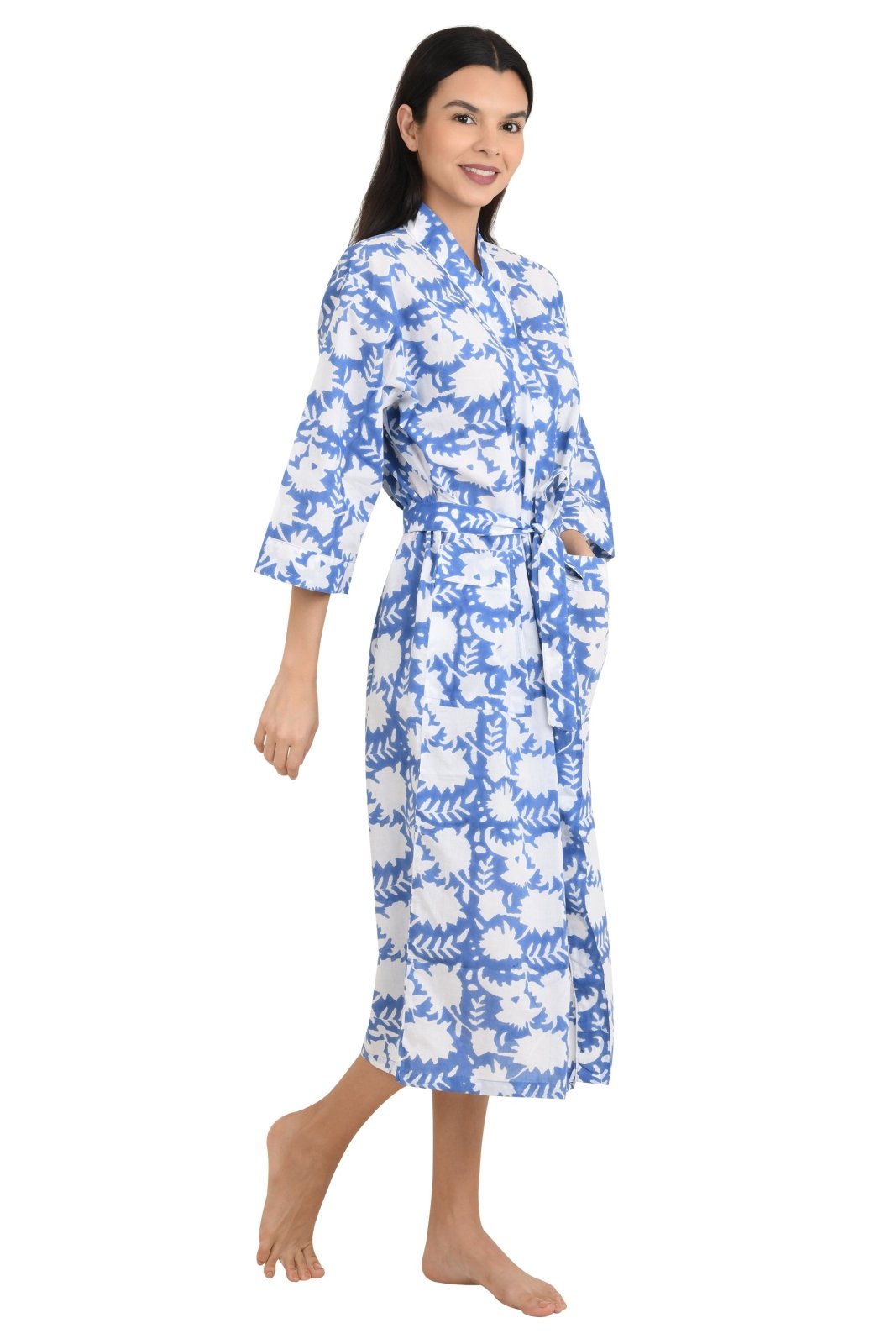 Boho Cotton Kimono House Robe Indian Handprinted Floral Print Pattern | Lightweight Summer Luxury Beach Holidays Yacht Cover Up Stunning Dress