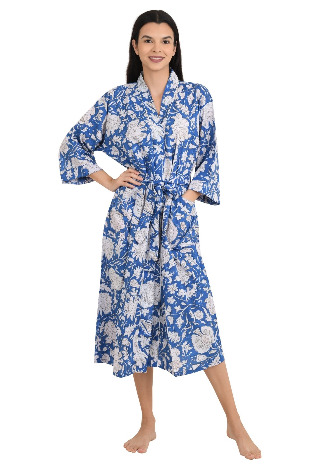 Boho Cotton Kimono House Robe Indian Handprinted Floral Print Pattern | Lightweight Summer Luxury Beach Holidays Yacht Cover Up Stunning Dress
