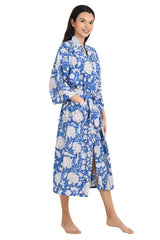 Boho Cotton Kimono House Robe Indian Handprinted Floral Print Pattern | Lightweight Summer Luxury Beach Holidays Yacht Cover Up Stunning Dress