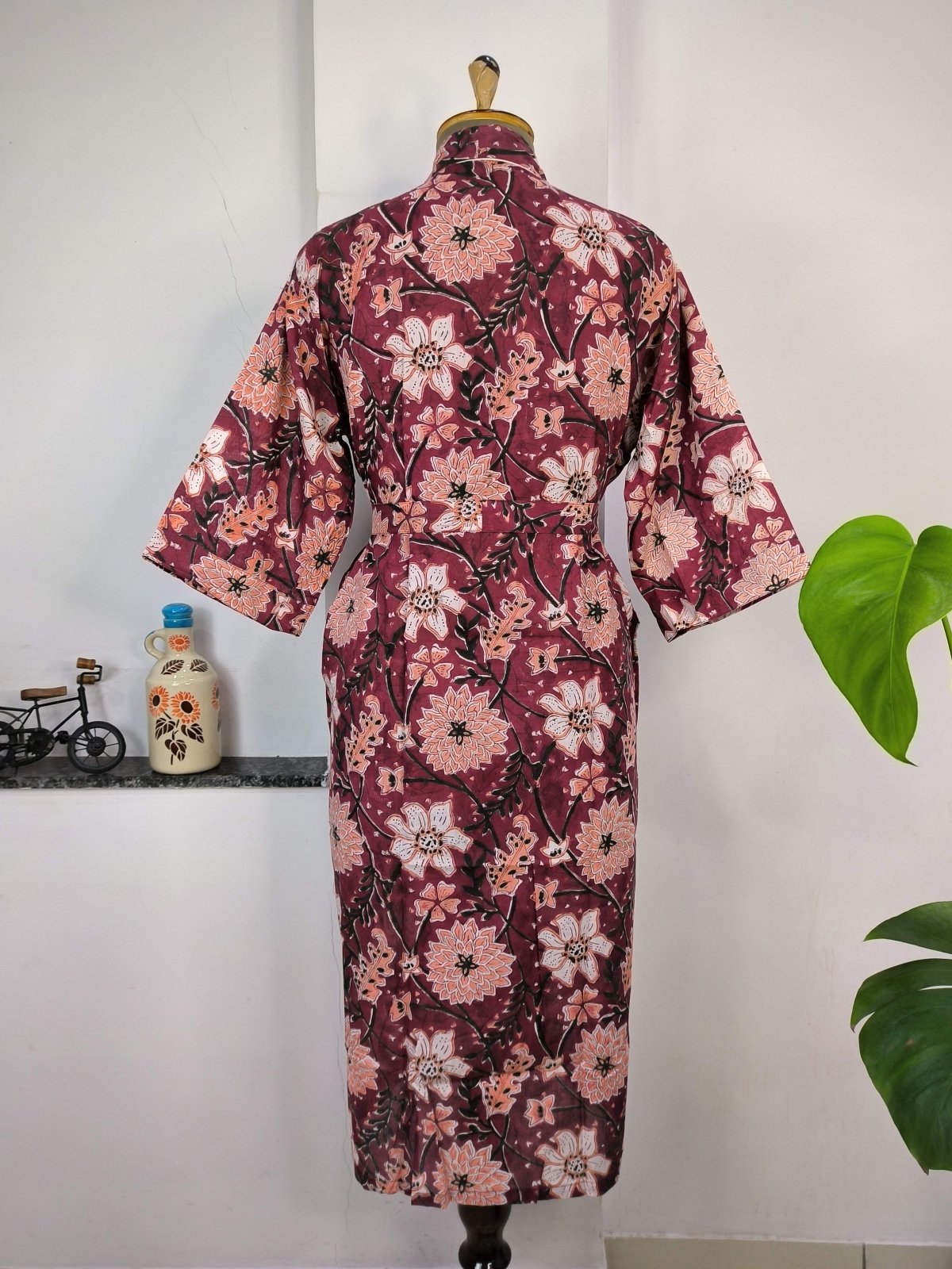 Boho Cotton Kimono House Robe Indian Handprinted Floral Print Pattern | Lightweight Summer Luxury Beach Holidays Yacht Cover Up Stunning Dress