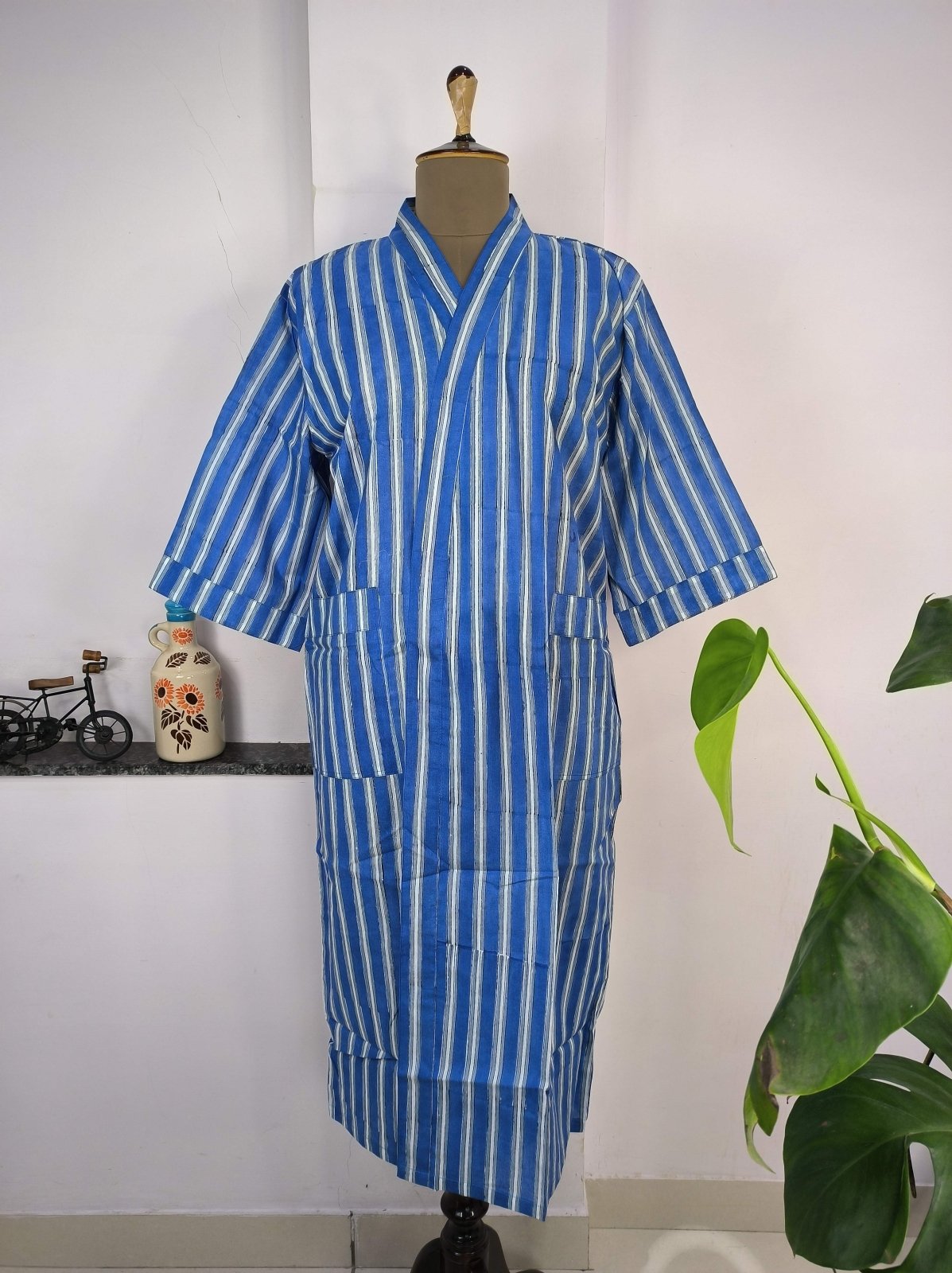 Boho Cotton Kimono House Robe Indian Handprinted Floral Print Pattern | Lightweight Summer Luxury Beach Holidays Yacht Cover Up Stunning Dress