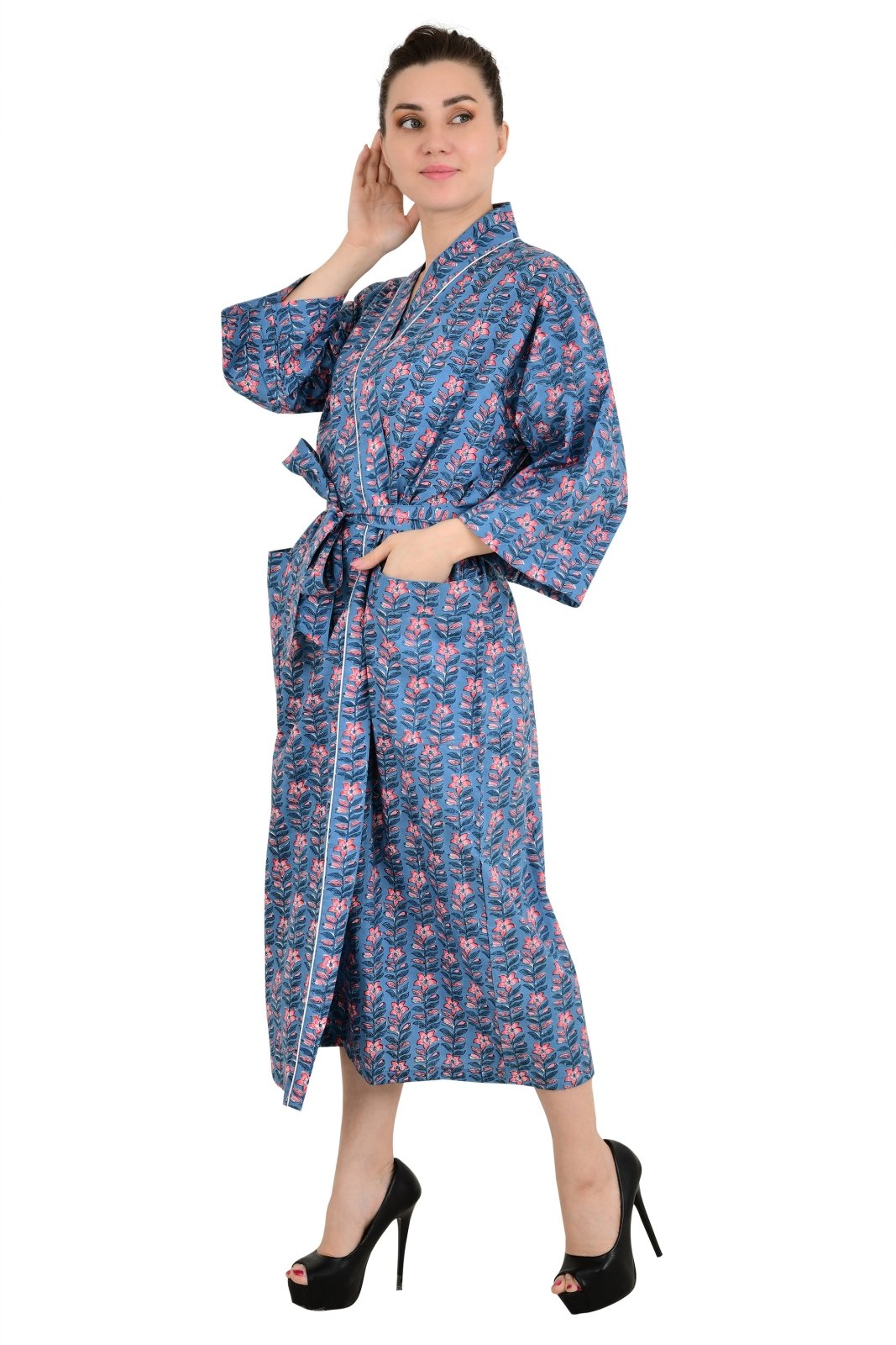 Boho Cotton Kimono House Robe Indian Handprinted Floral Print Pattern | Lightweight Summer Luxury Beach Holidays Yacht Cover Up Stunning Dress