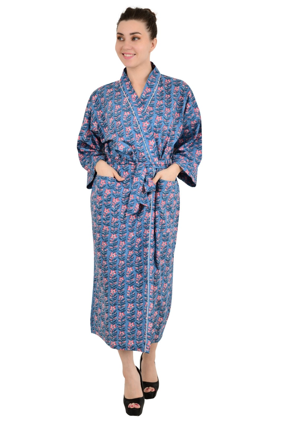 Boho Cotton Kimono House Robe Indian Handprinted Floral Print Pattern | Lightweight Summer Luxury Beach Holidays Yacht Cover Up Stunning Dress