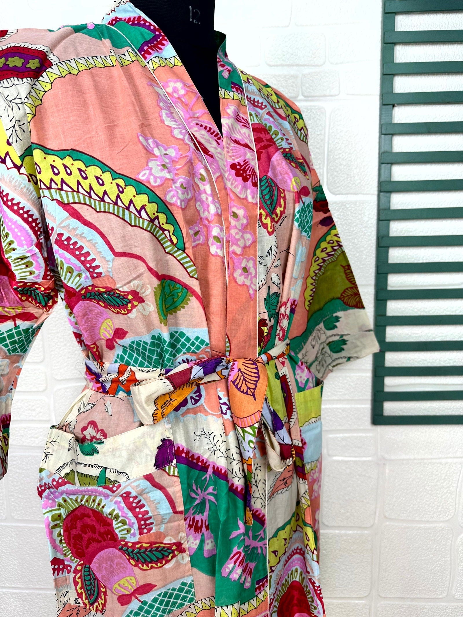 Boho Cotton Kimono House Robe Indian Handprinted Floral Print Pattern | Lightweight Summer Luxury Beach Holidays Yacht Cover Up Stunning Dress