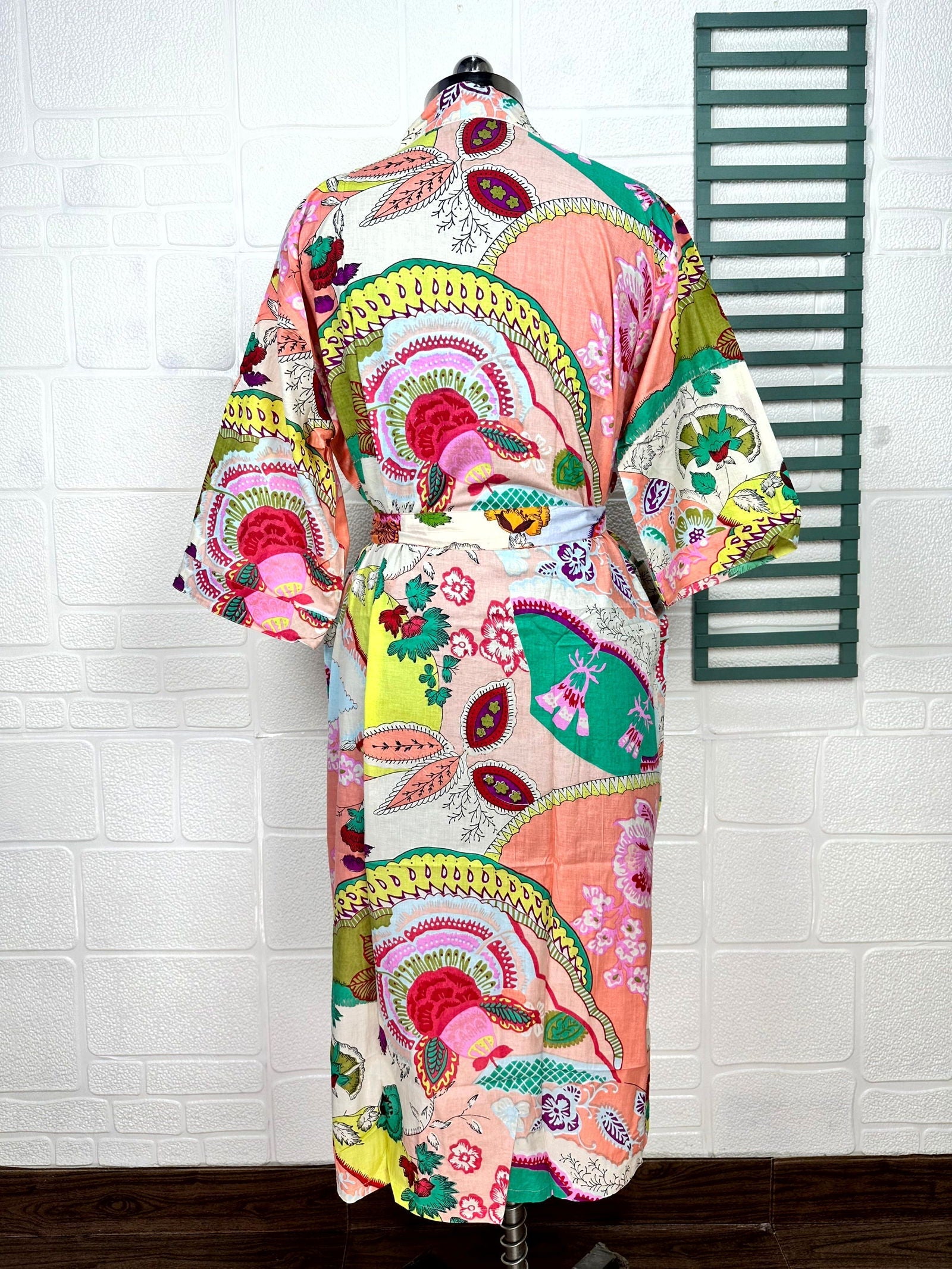Boho Cotton Kimono House Robe Indian Handprinted Floral Print Pattern | Lightweight Summer Luxury Beach Holidays Yacht Cover Up Stunning Dress