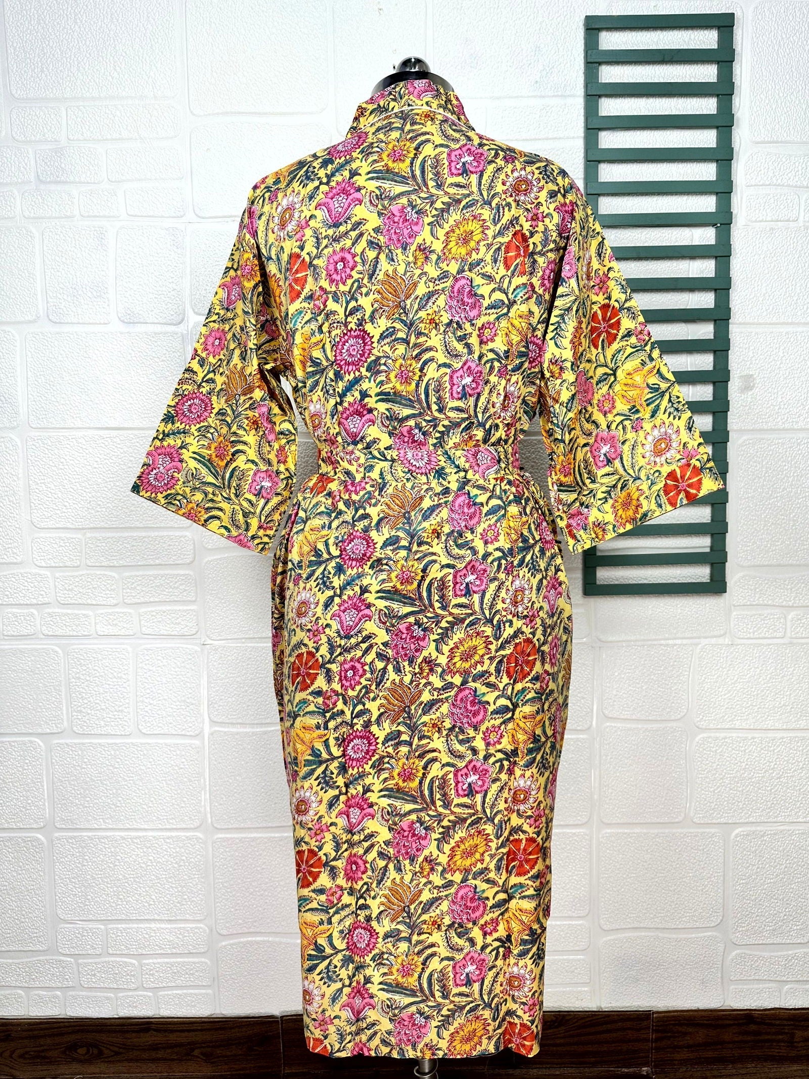Boho Cotton Kimono House Robe Indian Handprinted Floral Print Pattern | Lightweight Summer Luxury Beach Holidays Yacht Cover Up Stunning Dress