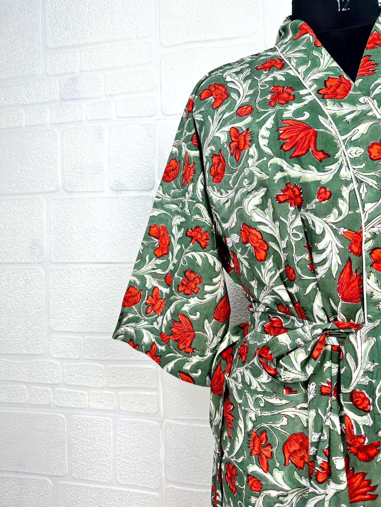 Boho Cotton Kimono House Robe Indian Handprinted Floral Print Pattern | Lightweight Summer Luxury Beach Holidays Yacht Cover Up Stunning Dress