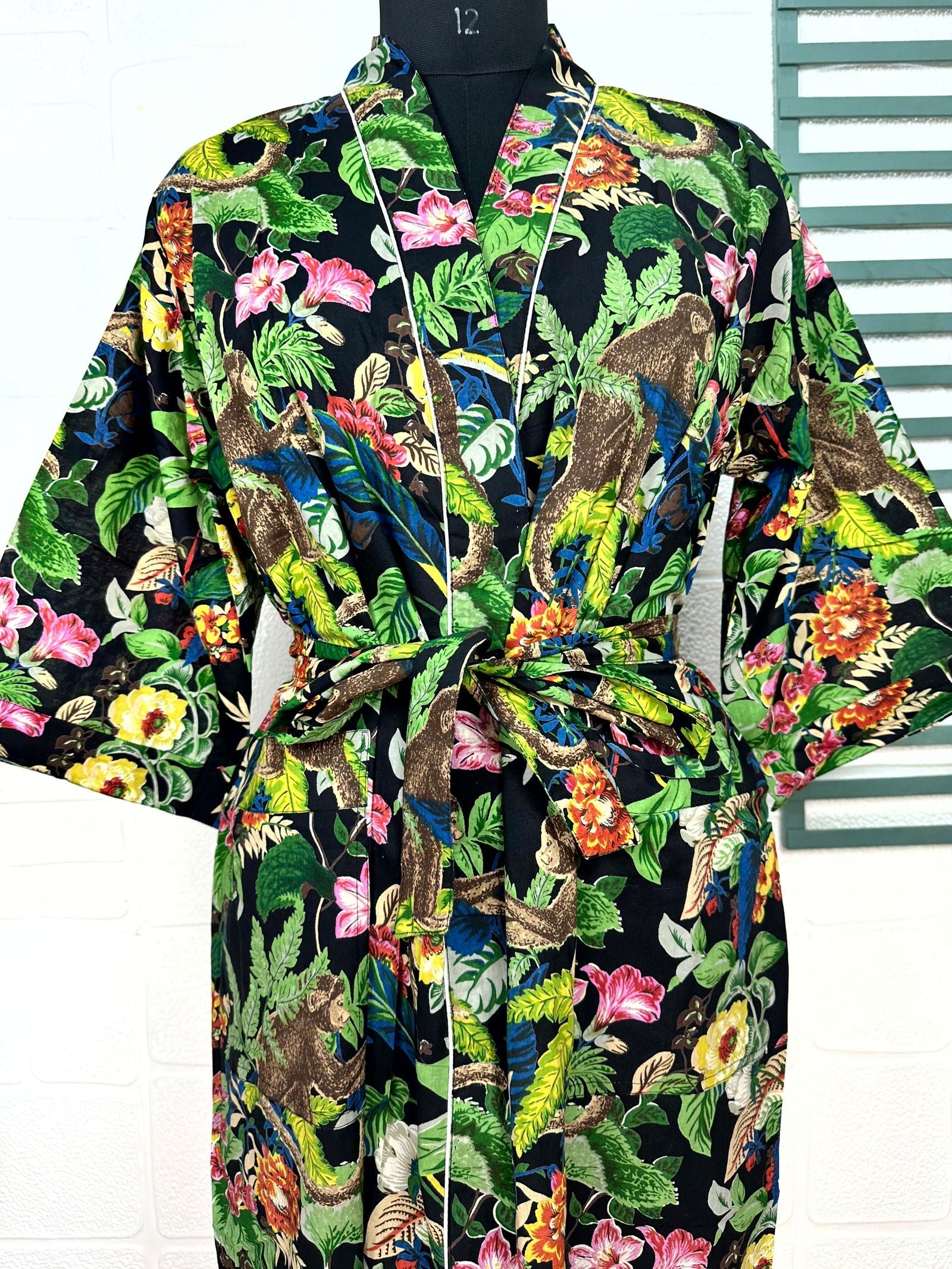 Boho Cotton Kimono House Robe Indian Handprinted Floral Print Pattern | Lightweight Summer Luxury Beach Holidays Yacht Cover Up Stunning Dress