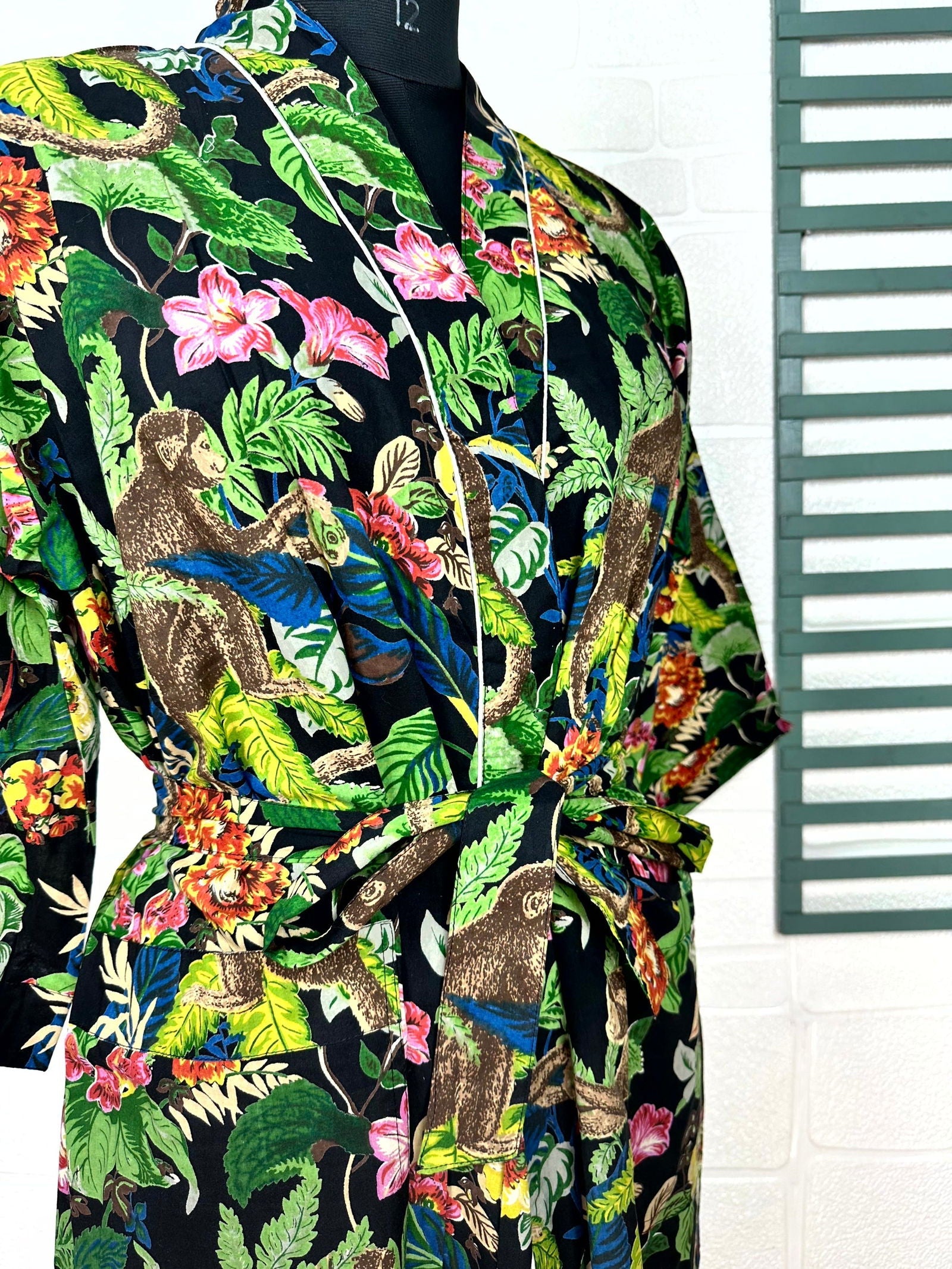Boho Cotton Kimono House Robe Indian Handprinted Floral Print Pattern | Lightweight Summer Luxury Beach Holidays Yacht Cover Up Stunning Dress