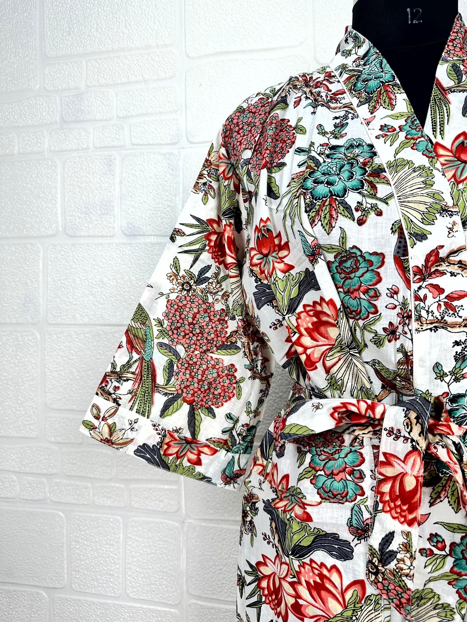 Boho Cotton Kimono House Robe Indian Handprinted Floral Print Pattern | Lightweight Summer Luxury Beach Holidays Yacht Cover Up Stunning Dress