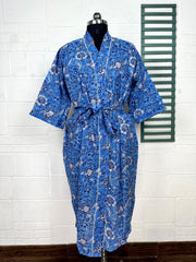 Boho Cotton Kimono House Robe Indian Handprinted Floral Print Pattern | Lightweight Summer Luxury Beach Holidays Yacht Cover Up Stunning Dress