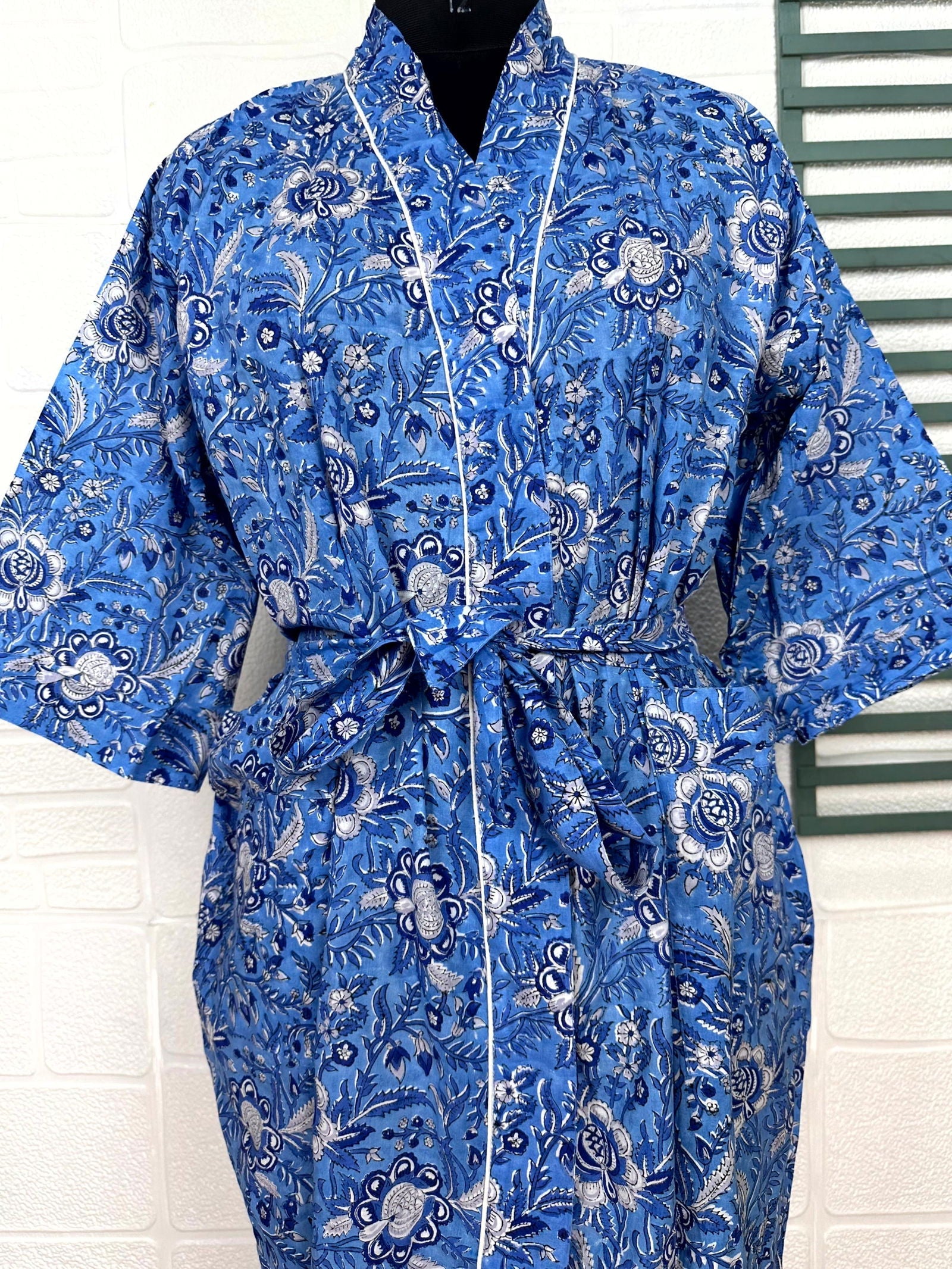 Boho Cotton Kimono House Robe Indian Handprinted Floral Print Pattern | Lightweight Summer Luxury Beach Holidays Yacht Cover Up Stunning Dress