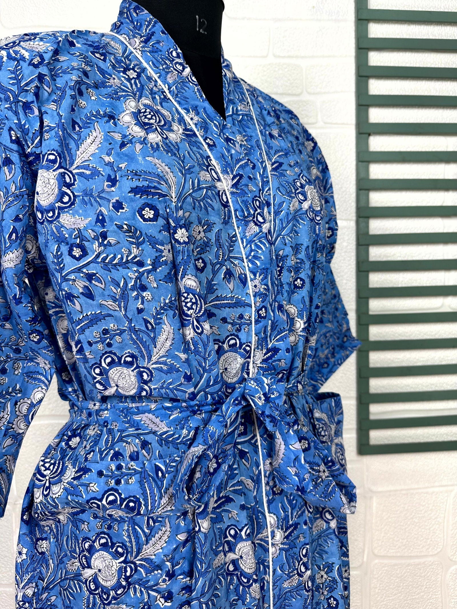 Boho Cotton Kimono House Robe Indian Handprinted Floral Print Pattern | Lightweight Summer Luxury Beach Holidays Yacht Cover Up Stunning Dress