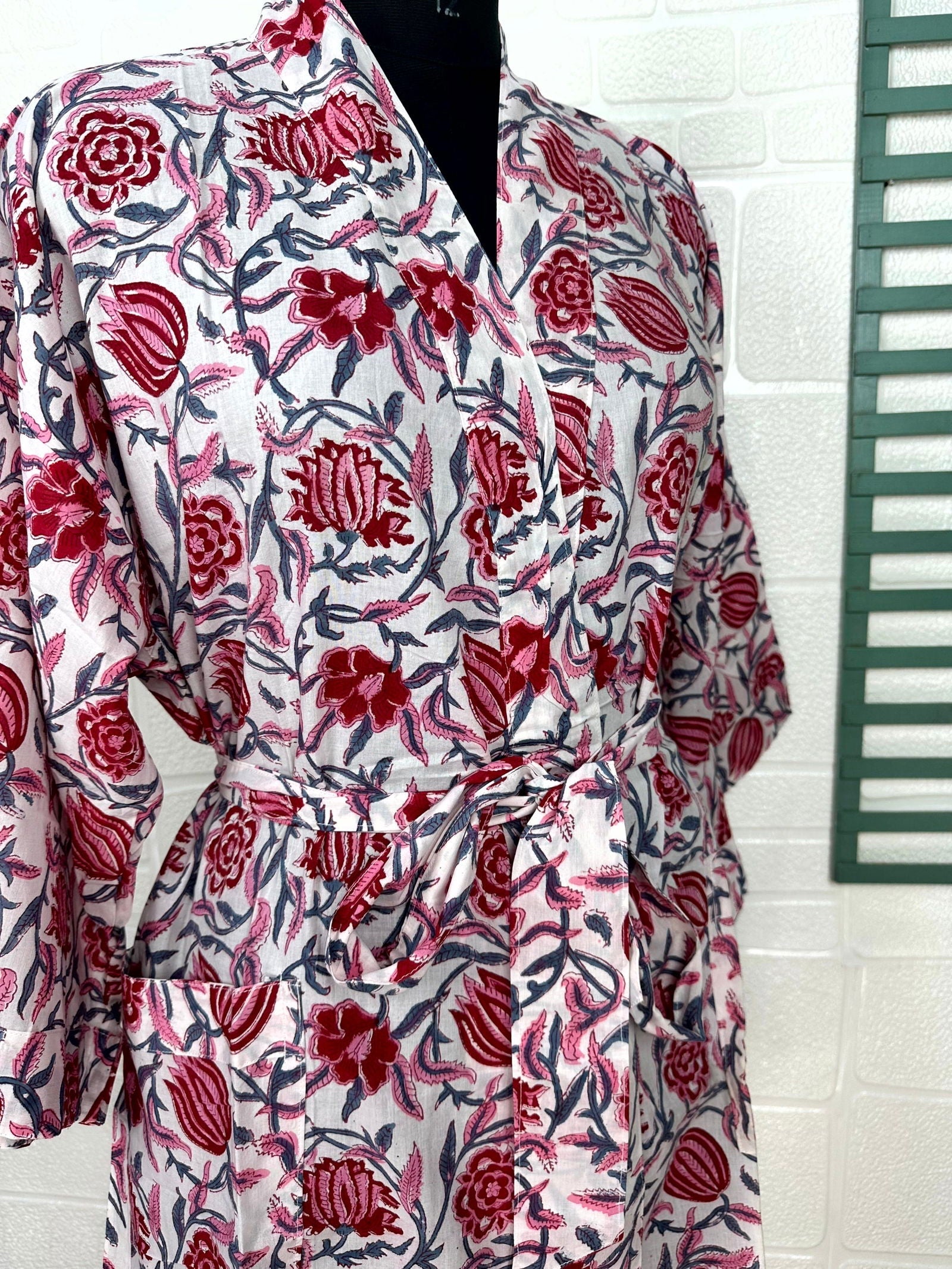 Boho Cotton Kimono House Robe Indian Handprinted Floral Print Pattern | Lightweight Summer Luxury Beach Holidays Yacht Cover Up Stunning Dress