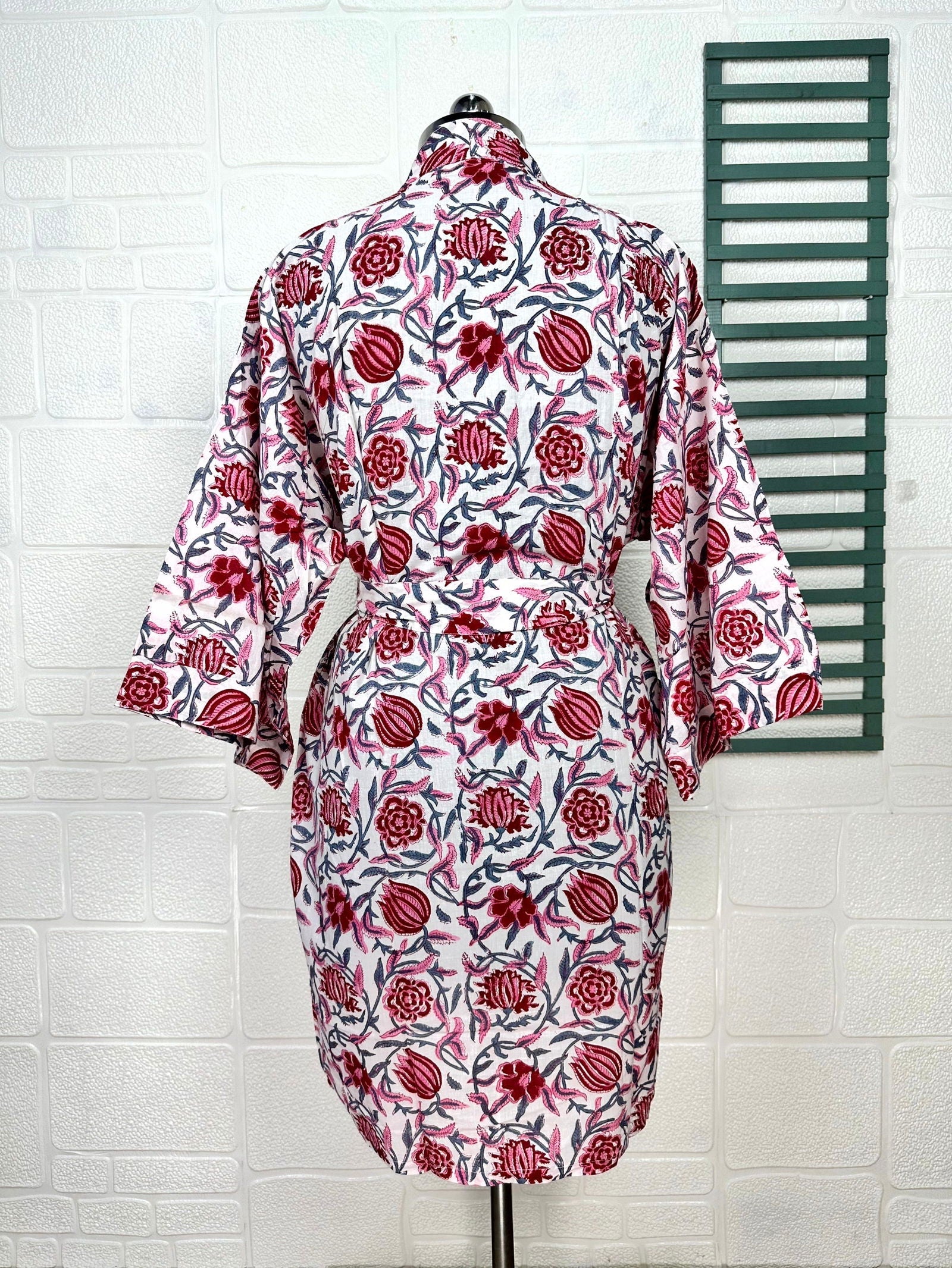 Boho Cotton Kimono House Robe Indian Handprinted Floral Print Pattern | Lightweight Summer Luxury Beach Holidays Yacht Cover Up Stunning Dress