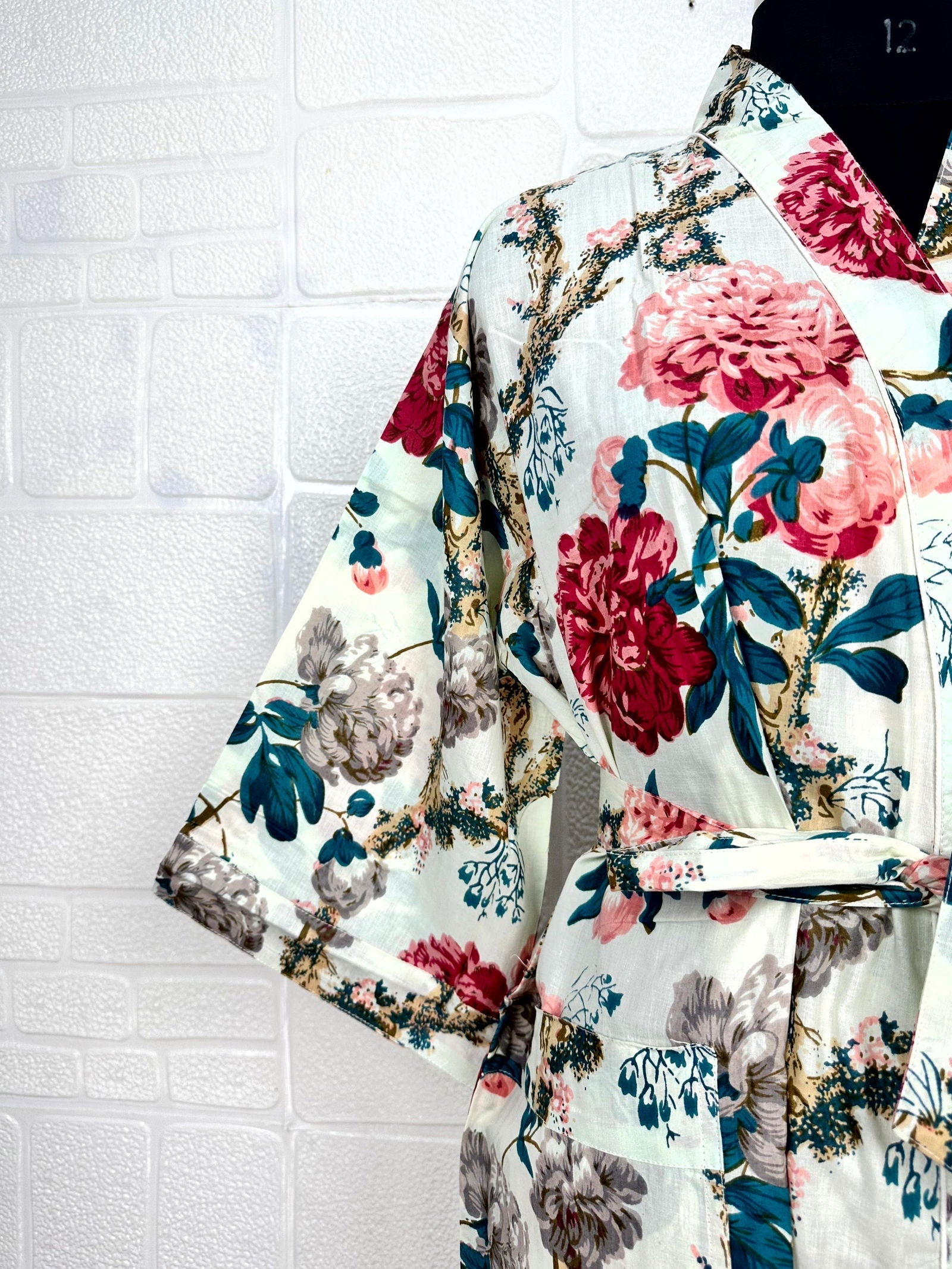 Boho Cotton Kimono House Robe Indian Handprinted Floral Print Pattern | Lightweight Summer Luxury Beach Holidays Yacht Cover Up Stunning Dress