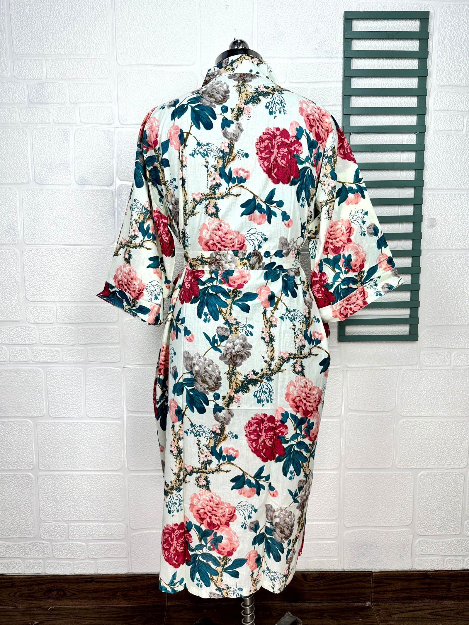 Boho Cotton Kimono House Robe Indian Handprinted Floral Print Pattern | Lightweight Summer Luxury Beach Holidays Yacht Cover Up Stunning Dress