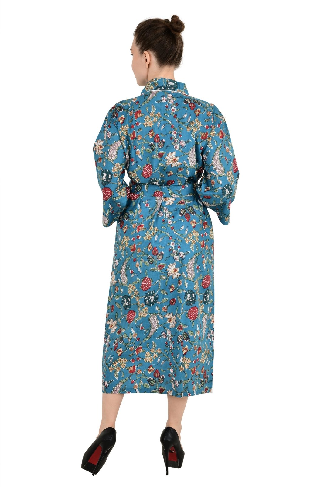 Boho Cotton Kimono House Robe Indian Handprinted Floral Rose | Lightweight Summer Luxury Beach Holidays Yacht Cover Up Stunning Dress