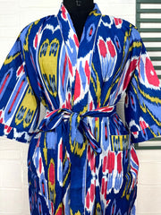Boho Cotton Kimono House Robe Indian Handprinted Ikat Print Pattern | Lightweight Summer Luxury Beach Holidays Yacht Cover Up Stunning Dress