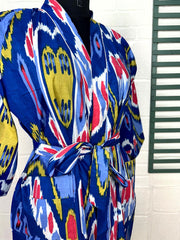 Boho Cotton Kimono House Robe Indian Handprinted Ikat Print Pattern | Lightweight Summer Luxury Beach Holidays Yacht Cover Up Stunning Dress
