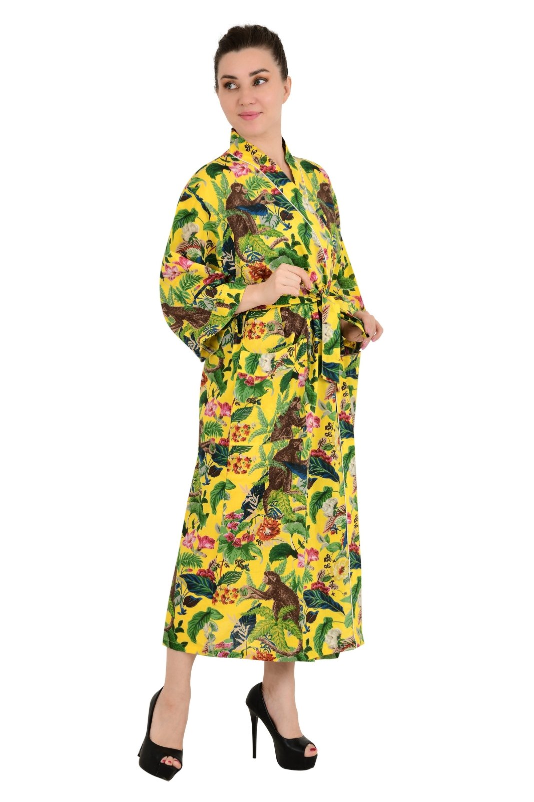 Boho Cotton Kimono House Robe Indian Handprinted Jungle Monkey Print | Lightweight Summer Luxury Beach Holidays Yacht Cover Up Stunning Dress