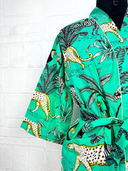 Boho Cotton Kimono House Robe Indian Handprinted Jungle Print Pattern | Lightweight Summer Luxury Beach Holidays Yacht Cover Up Stunning Dress
