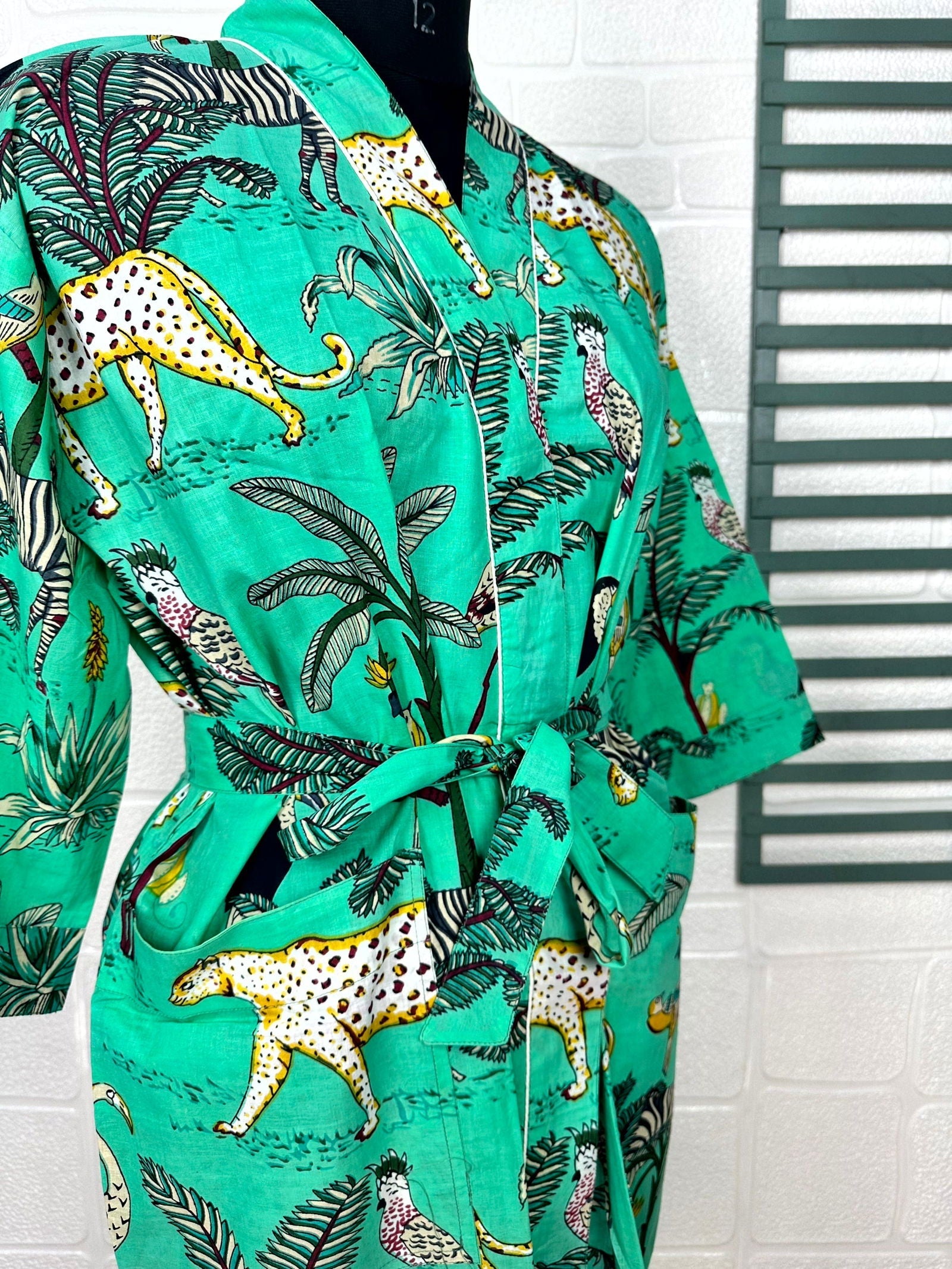 Boho Cotton Kimono House Robe Indian Handprinted Jungle Print Pattern | Lightweight Summer Luxury Beach Holidays Yacht Cover Up Stunning Dress