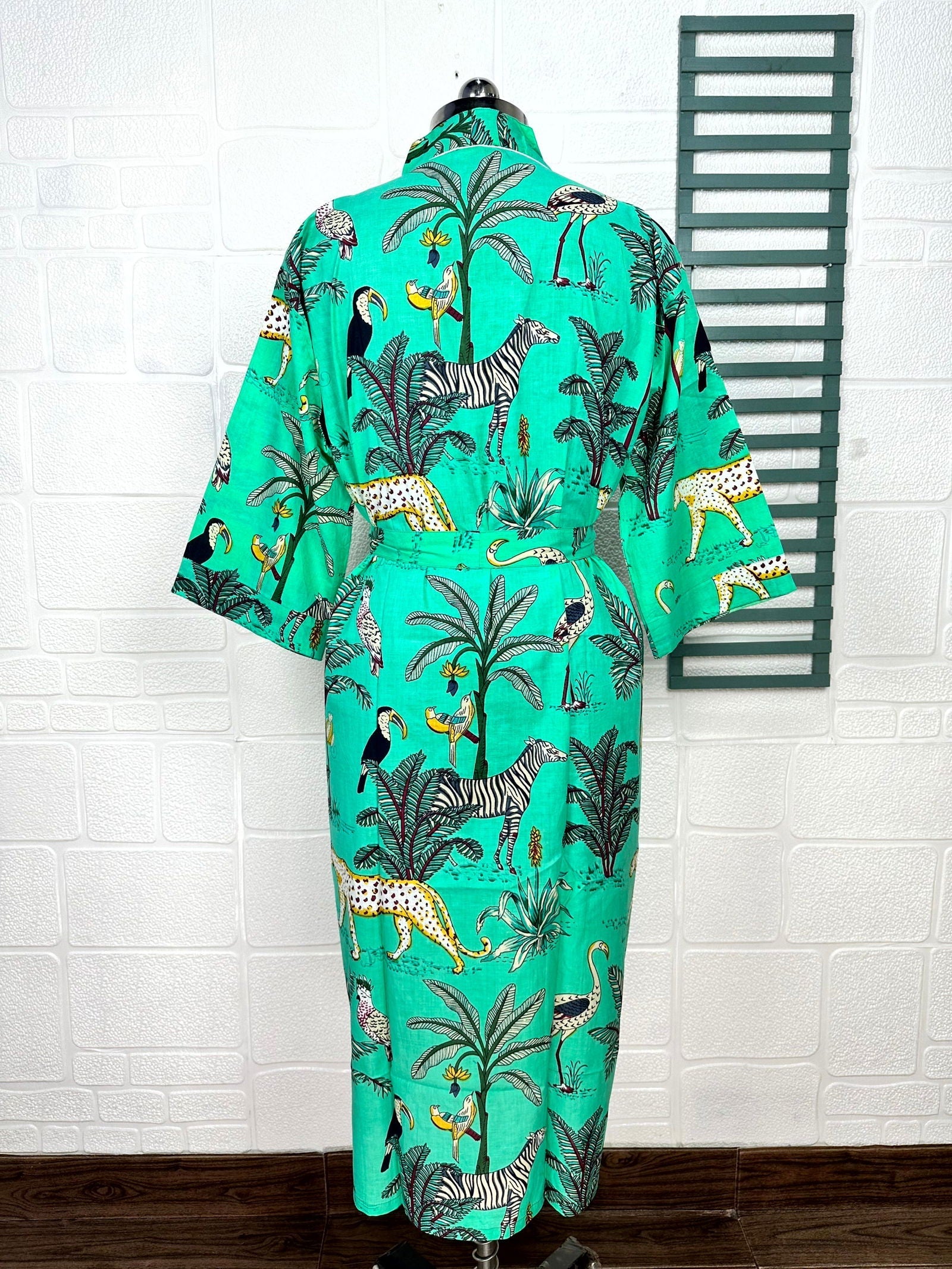 Boho Cotton Kimono House Robe Indian Handprinted Jungle Print Pattern | Lightweight Summer Luxury Beach Holidays Yacht Cover Up Stunning Dress