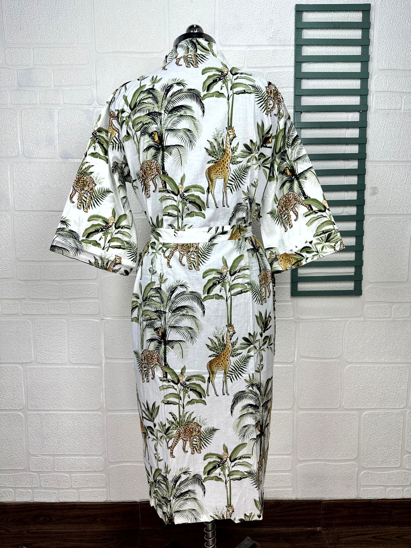 Boho Cotton Kimono House Robe Indian Handprinted Jungle Print Pattern | Lightweight Summer Luxury Beach Holidays Yacht Cover Up Stunning Dress