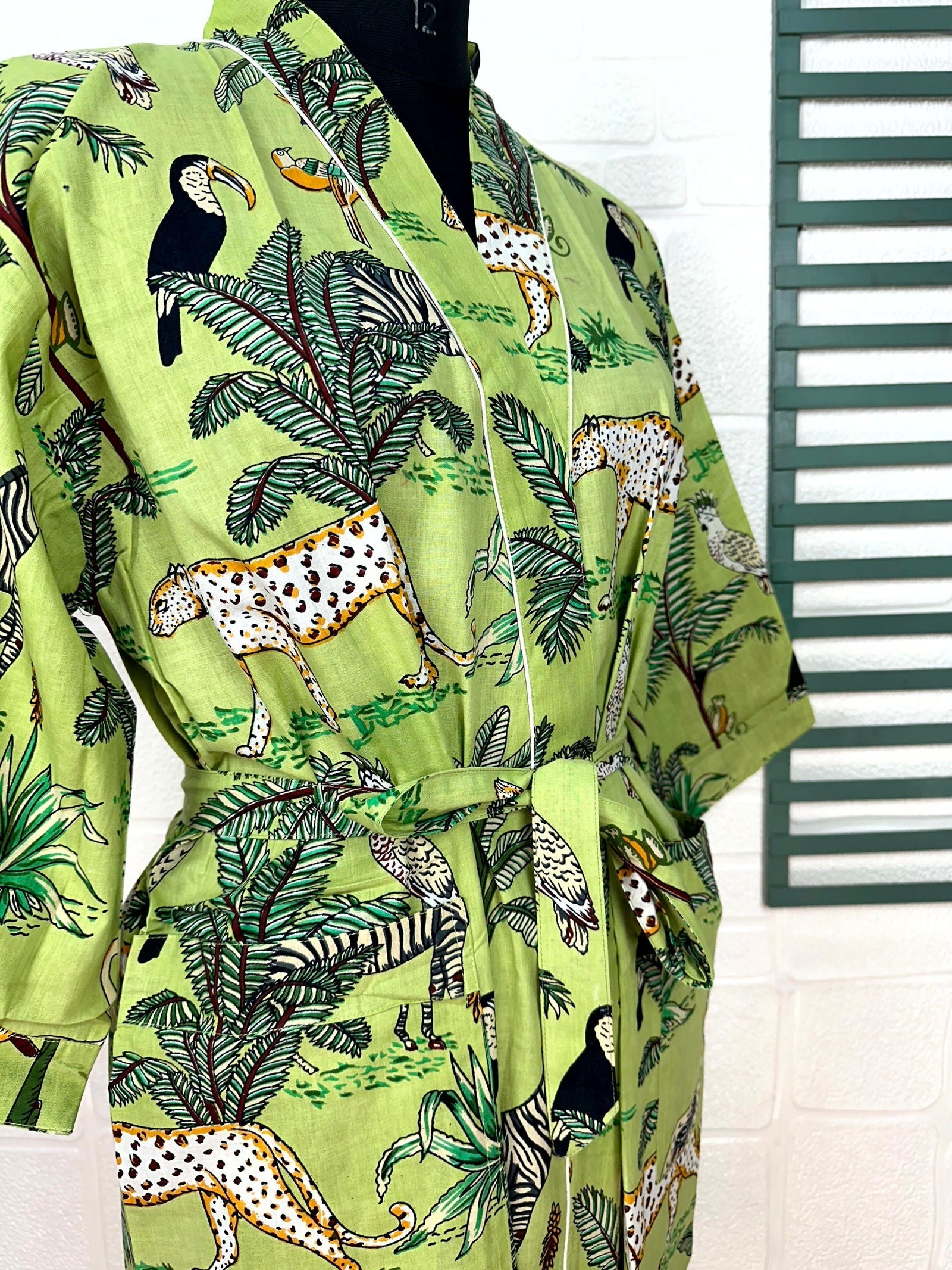 Boho Cotton Kimono House Robe Indian Handprinted Jungle Print Pattern | Lightweight Summer Luxury Beach Holidays Yacht Cover Up Stunning Dress