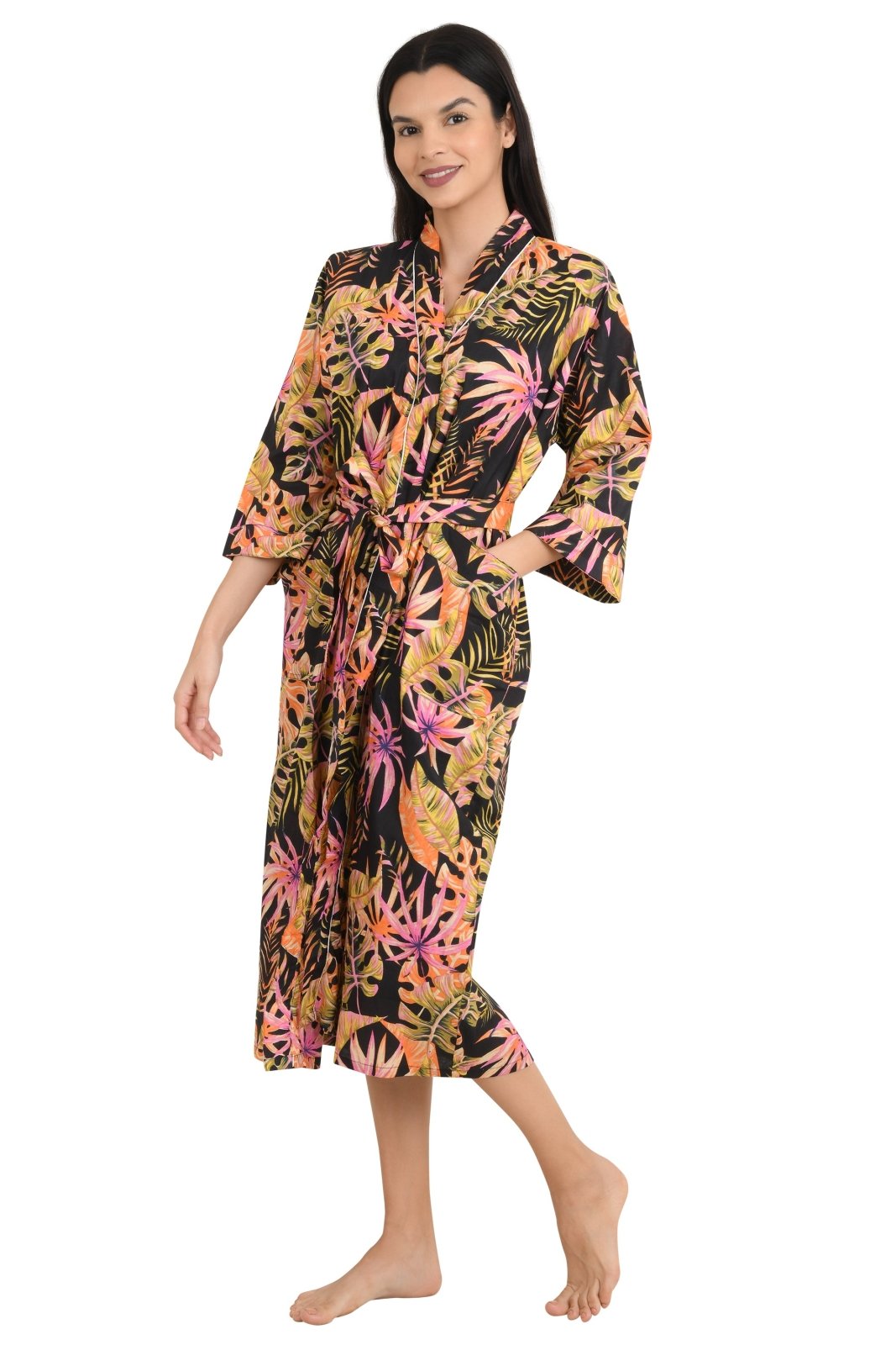 Boho Cotton Kimono House Robe Indian Handprinted Leaf Floral Print Pattern | Lightweight Summer Luxury Beach Holidays Yacht Cover Up Stunning Dress