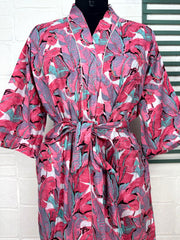 Boho Cotton Kimono House Robe Indian Handprinted Leaf Print Pattern | Lightweight Summer Luxury Beach Holidays Yacht Cover Up Stunning Dress