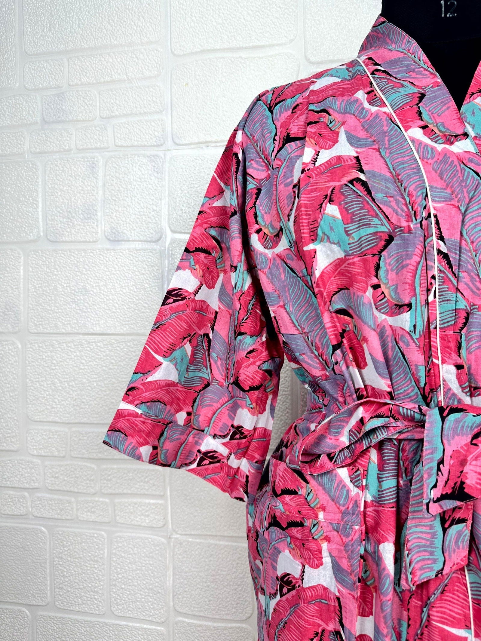 Boho Cotton Kimono House Robe Indian Handprinted Leaf Print Pattern | Lightweight Summer Luxury Beach Holidays Yacht Cover Up Stunning Dress