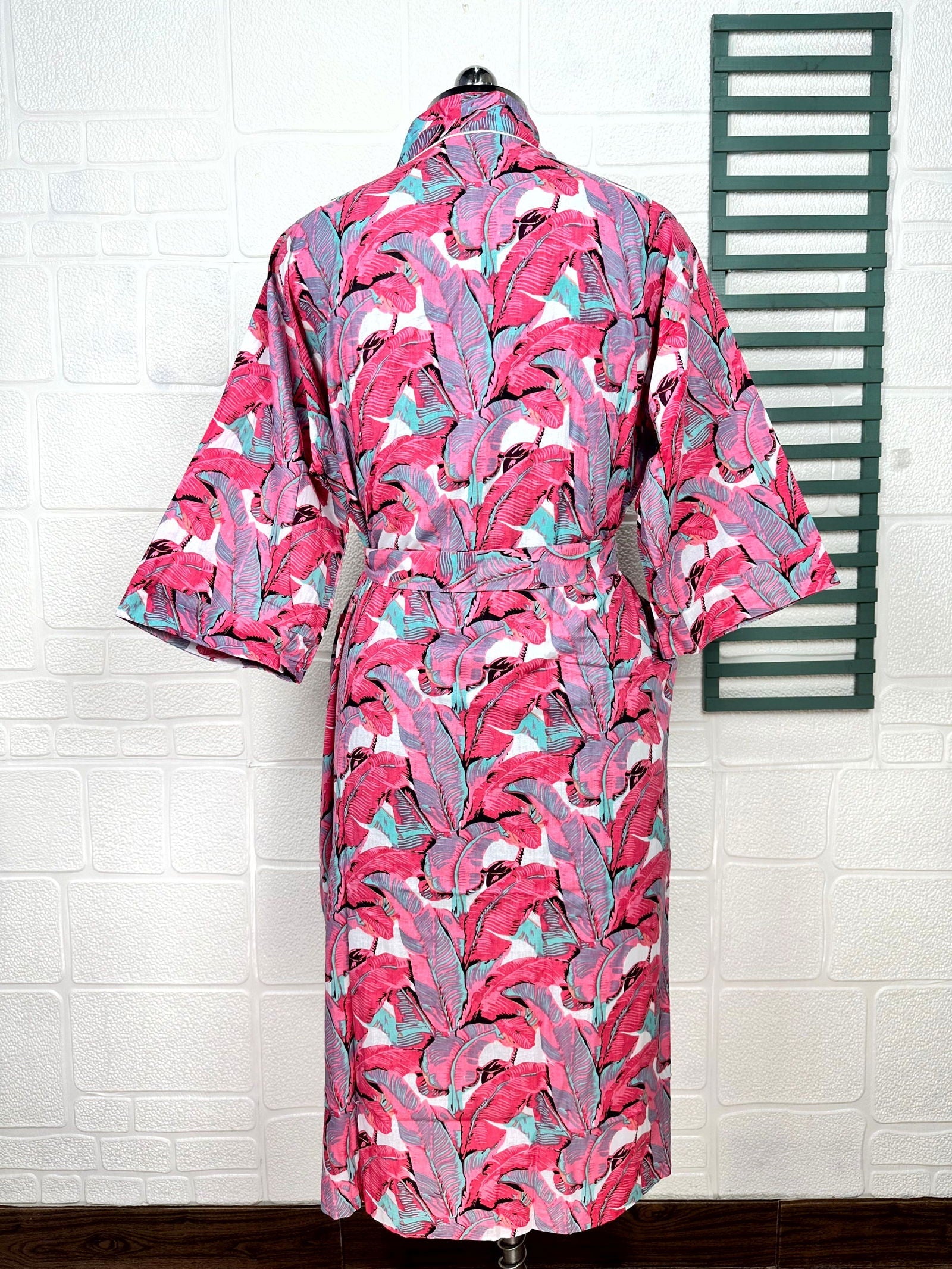 Boho Cotton Kimono House Robe Indian Handprinted Leaf Print Pattern | Lightweight Summer Luxury Beach Holidays Yacht Cover Up Stunning Dress