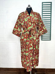 Boho Cotton Kimono House Robe Indian Handprinted Leaf Print Pattern | Lightweight Summer Luxury Beach Holidays Yacht Cover Up Stunning Dress