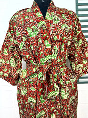 Boho Cotton Kimono House Robe Indian Handprinted Leaf Print Pattern | Lightweight Summer Luxury Beach Holidays Yacht Cover Up Stunning Dress