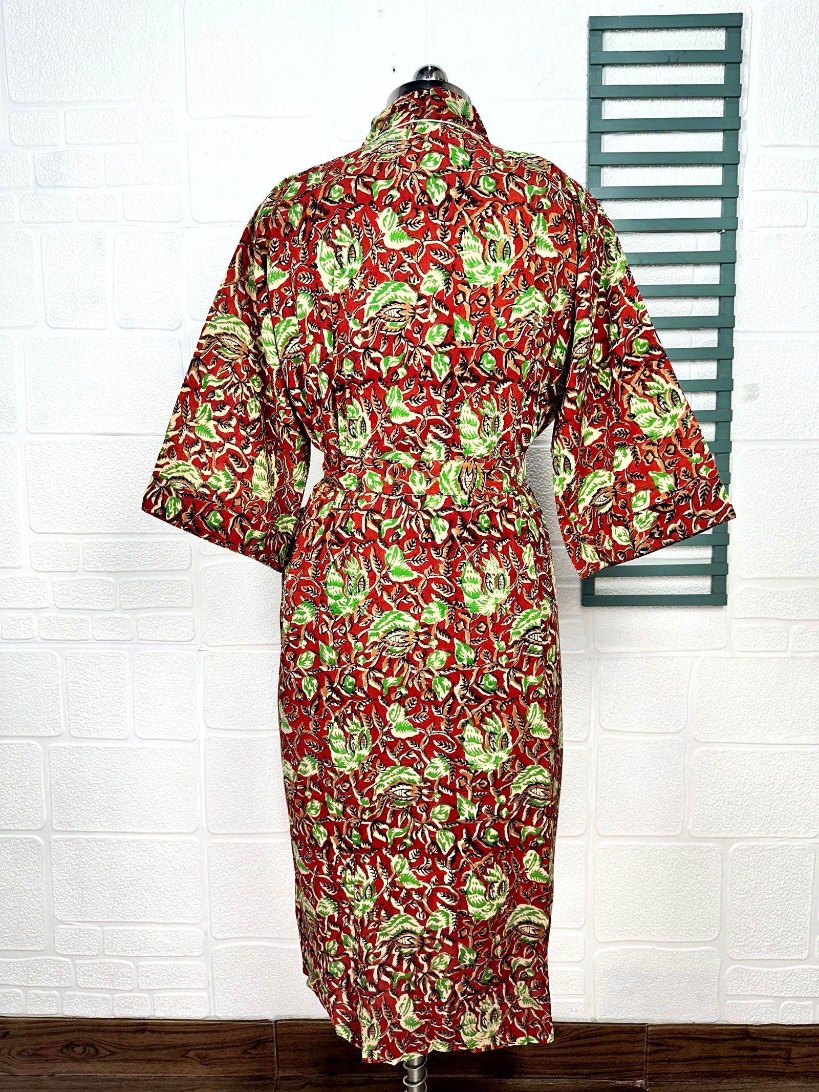 Boho Cotton Kimono House Robe Indian Handprinted Leaf Print Pattern | Lightweight Summer Luxury Beach Holidays Yacht Cover Up Stunning Dress