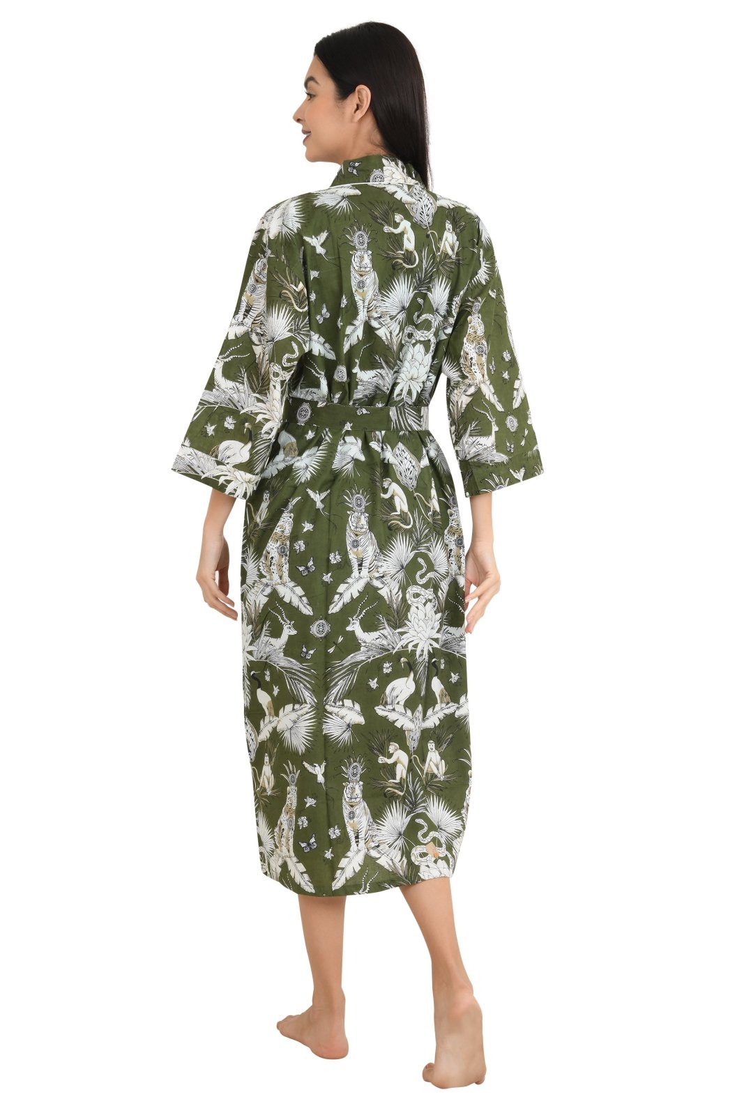 Boho Cotton Kimono House Robe Indian Handprinted Monkey Print Pattern | Lightweight Summer Luxury Beach Holidays Yacht Cover Up Stunning Dress