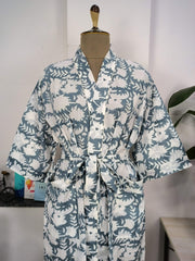 Boho Cotton Kimono House Robe Indian Handprinted Pink Grey White Floral | Lightweight Summer Luxury Beach Holiday Cover Up Stunning Dress