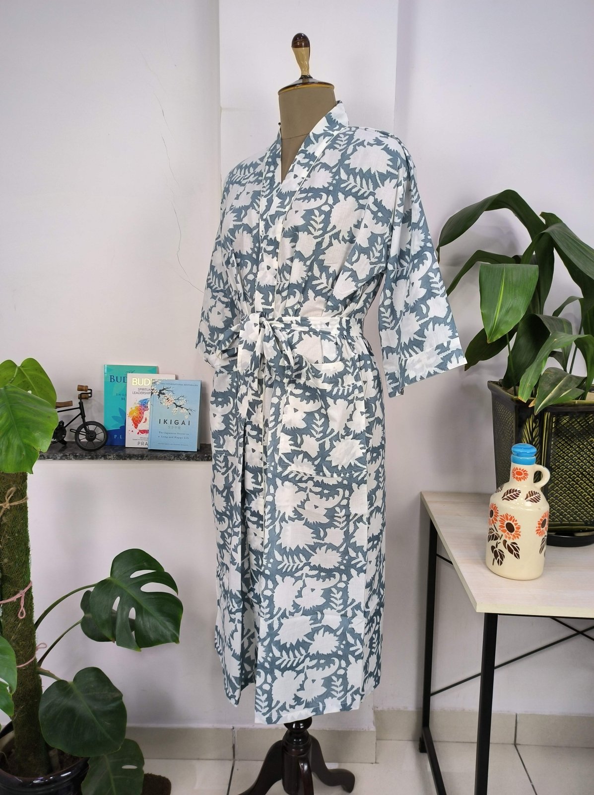 Boho Cotton Kimono House Robe Indian Handprinted Pink Grey White Floral | Lightweight Summer Luxury Beach Holiday Cover Up Stunning Dress