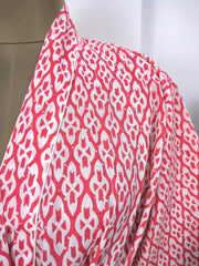 Boho Cotton Kimono House Robe Indian Handprinted Pink White Abstract Print | Lightweight Summer Luxury Beach Holiday Cover Up Stunning Dress